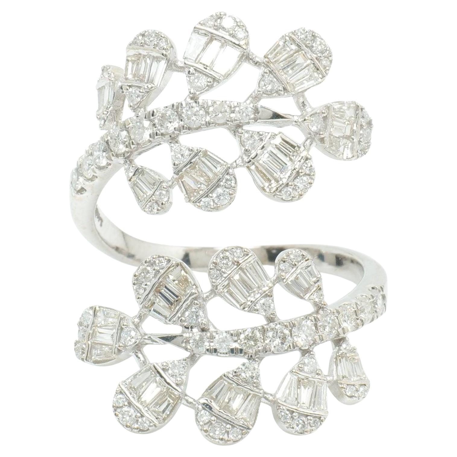 Leaf Baguette Natural Diamond Bypass Open Ring in 14K Solid Gold (Certified)