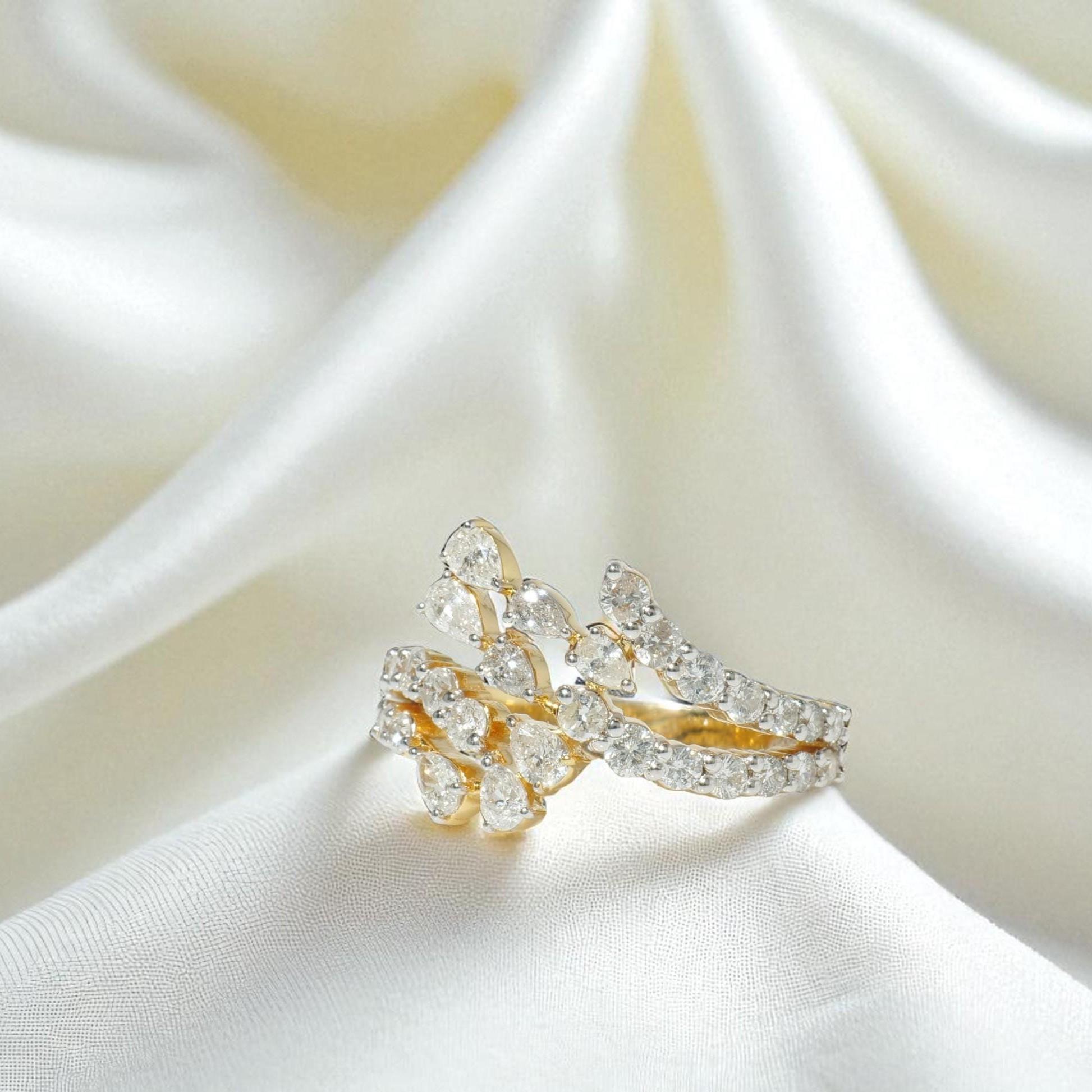 Taglio rotondo Anello con diamante Leaf Branch in oro massiccio 14k (certificato) in vendita