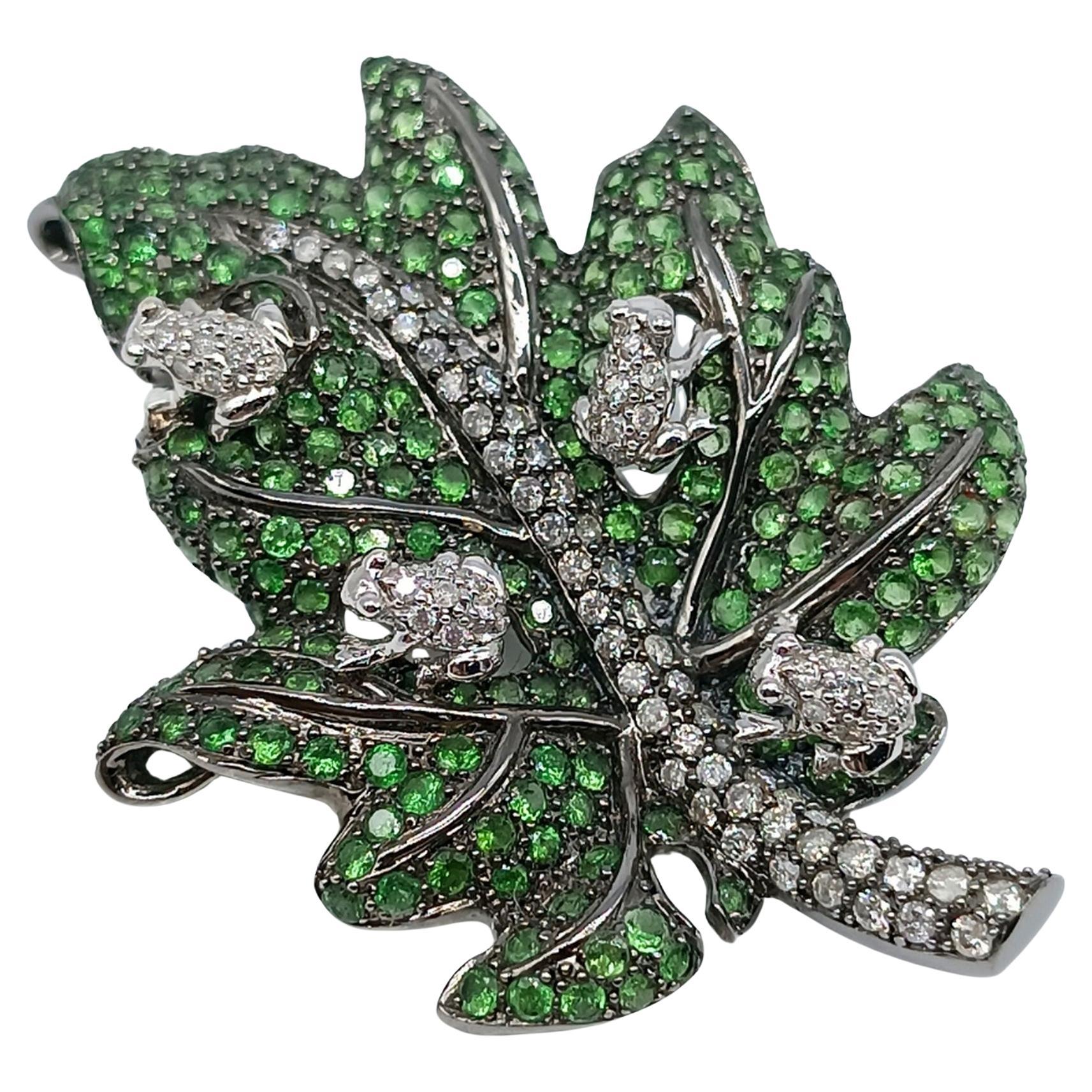 Tsavorite and Diamond Leaf Brooch with Black Rhodium in 18K White Gold, 2008 For Sale