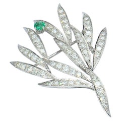 Leaf Brooch with Square-Cut Emerald and White Diamonds