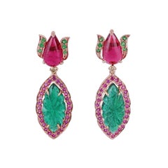 Leaf Carved Emerald and Diamond Earrings, Set in 18 Karat Rose Gold