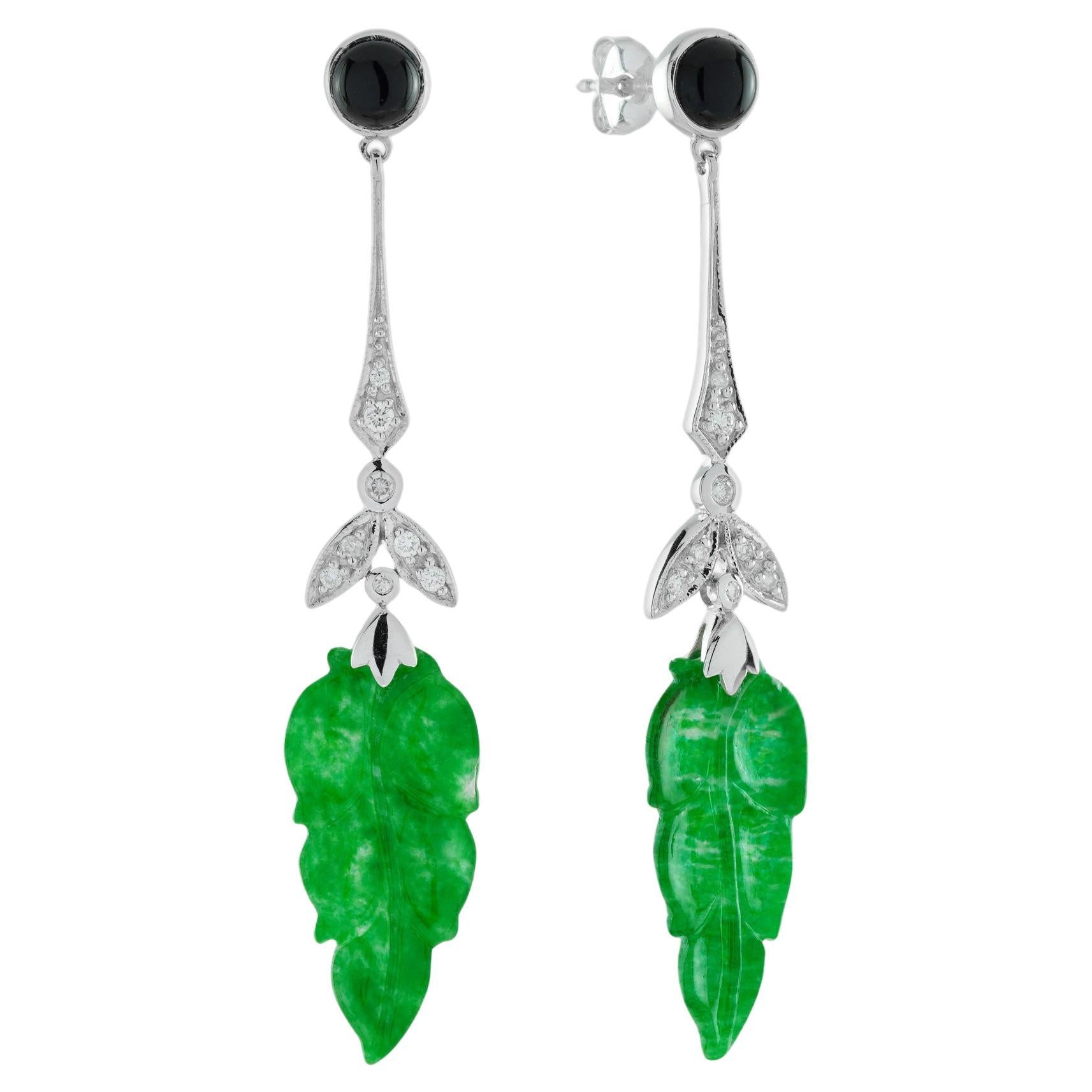 Leaf Carved Jade Diamond Onyx Vintage Style Earrings in 9K White Gold For Sale