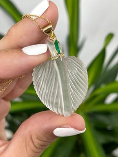 Leaf Carved Natural Quartz & Colombian Emerald Accent Solid Gold 18K Pendant