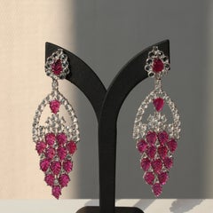 Leaf-carved Ruby and White Sapphire Earrings in 14K White Gold