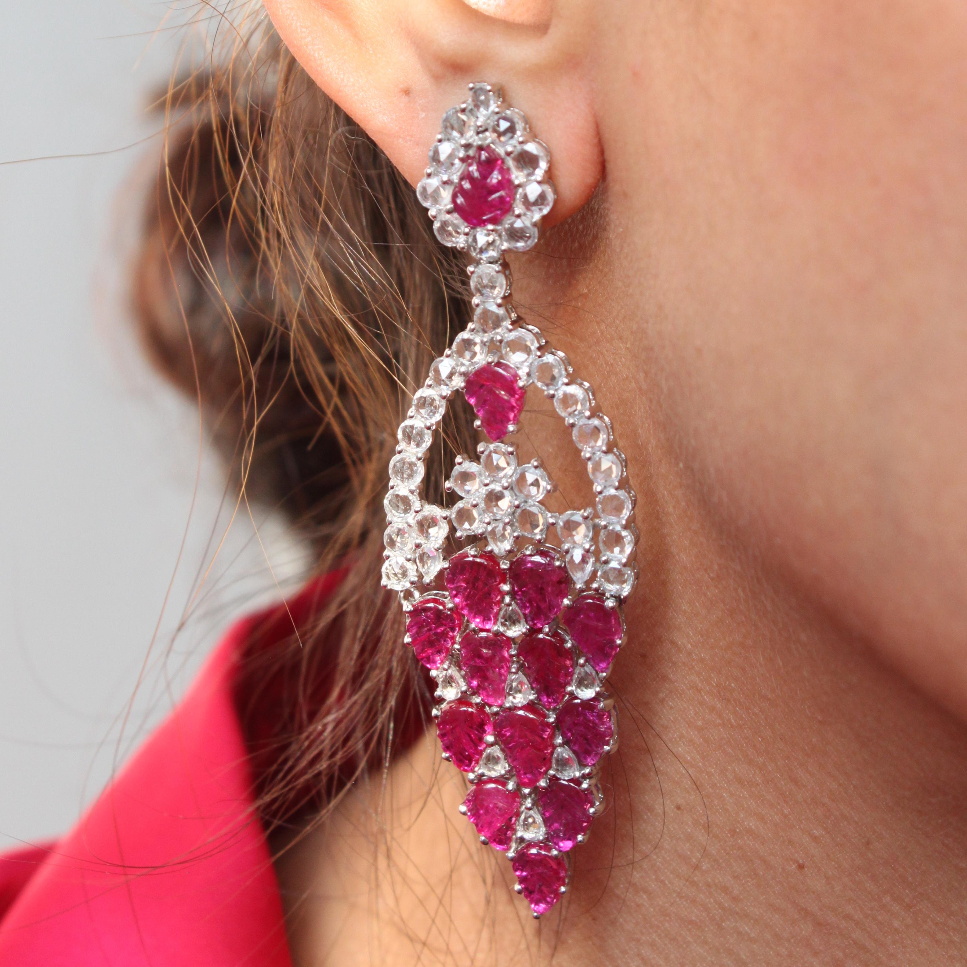Victorian Leaf-carved Ruby and White Sapphire Earrings in 14K White Gold For Sale