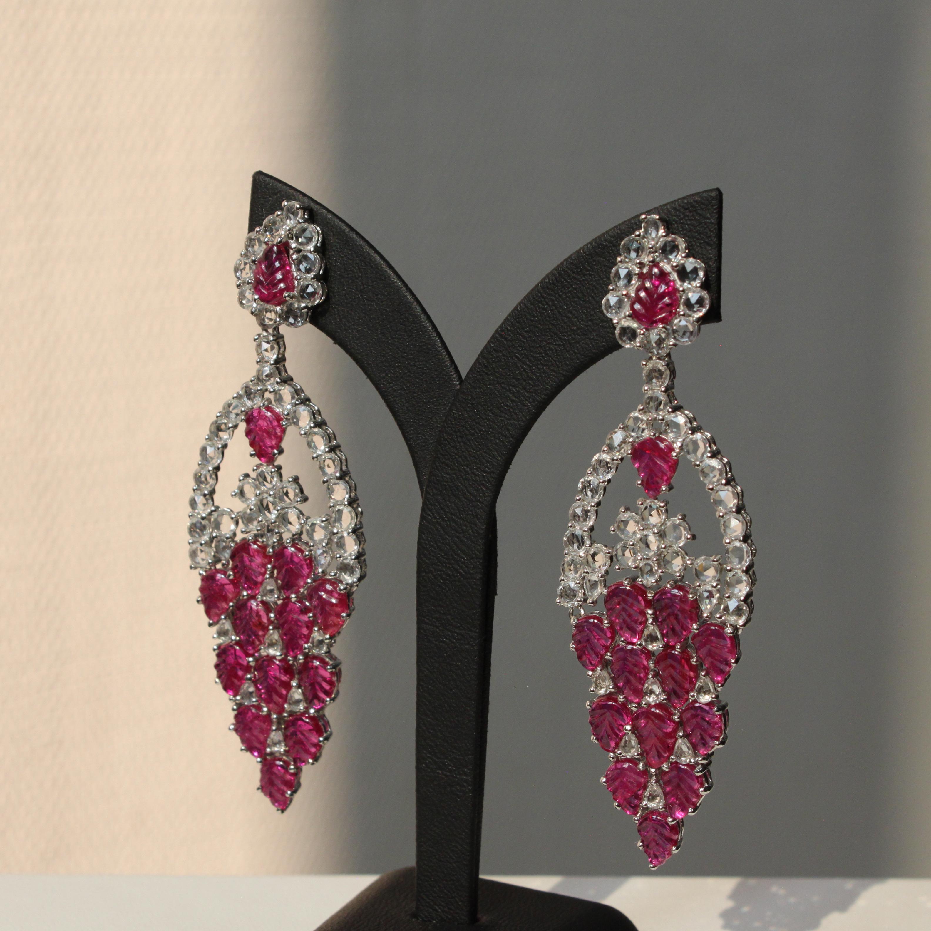 Rose Cut Leaf-carved Ruby and White Sapphire Earrings in 14K White Gold For Sale