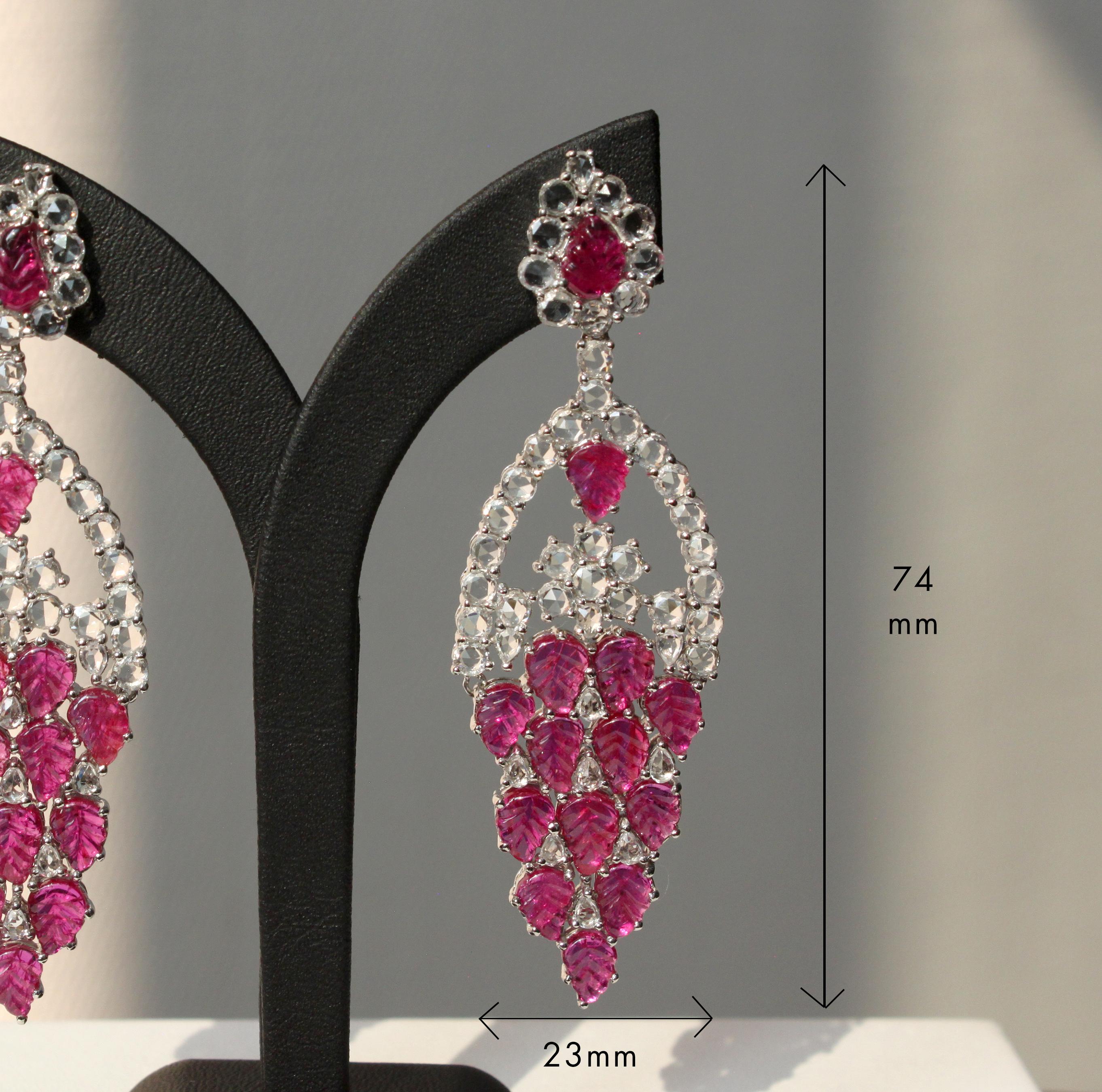 Women's Leaf-carved Ruby and White Sapphire Earrings in 14K White Gold For Sale