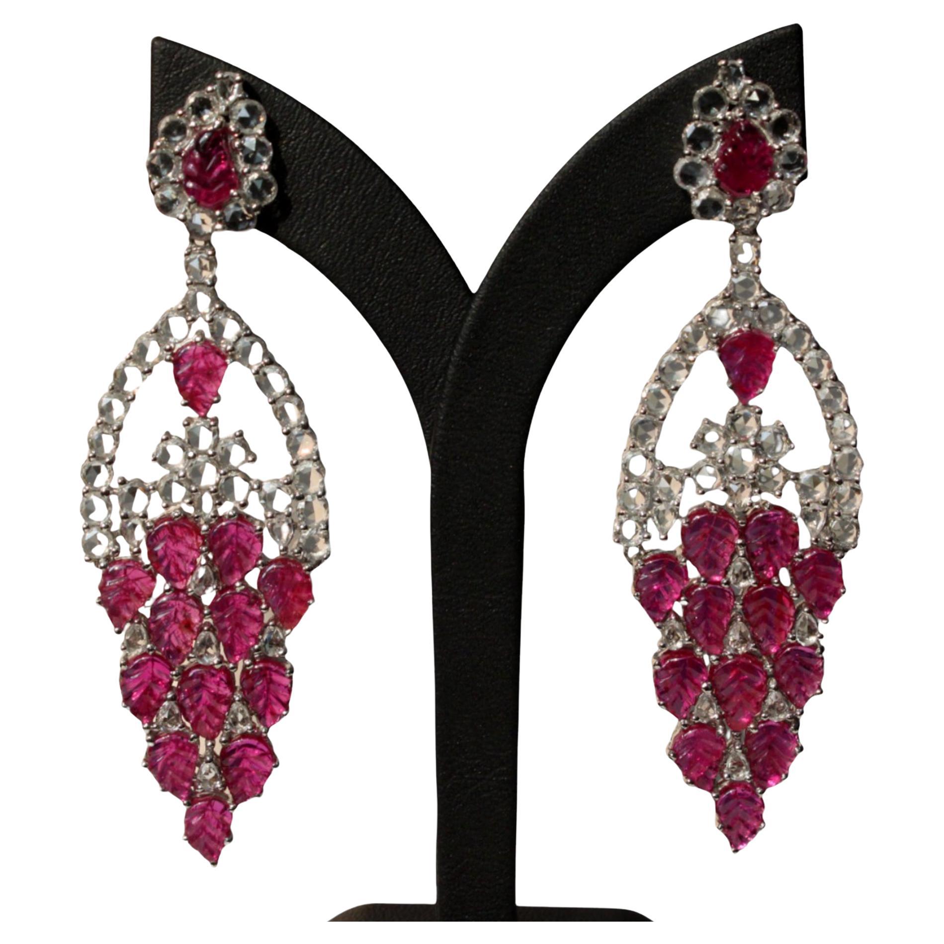 Leaf-carved Ruby and White Sapphire Earrings in 14K White Gold For Sale