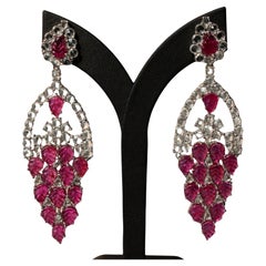 Leaf-carved Ruby and White Sapphire Earrings in 14K White Gold