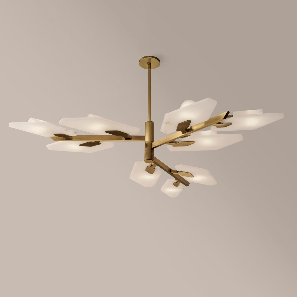 The Leaf ceiling light recalls nature with its branching arms and Tuscan alabaster “leaves” giving it a distinctive modern organic look.

Shown in the primary images in satin brass-subsequent pictures show the fixture in Bronzo Ottone.

Starting at