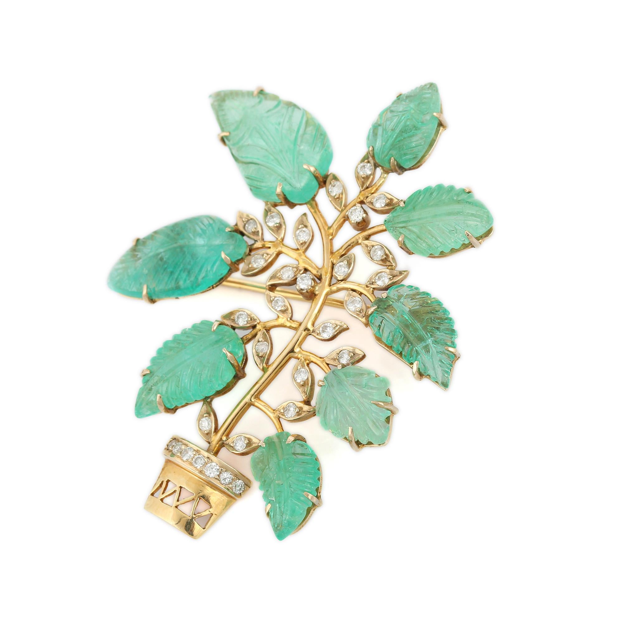 Artisan Carved 30 Carat Emerald Flower Pot Brooch with Diamonds in 18k Solid Yellow Gold For Sale