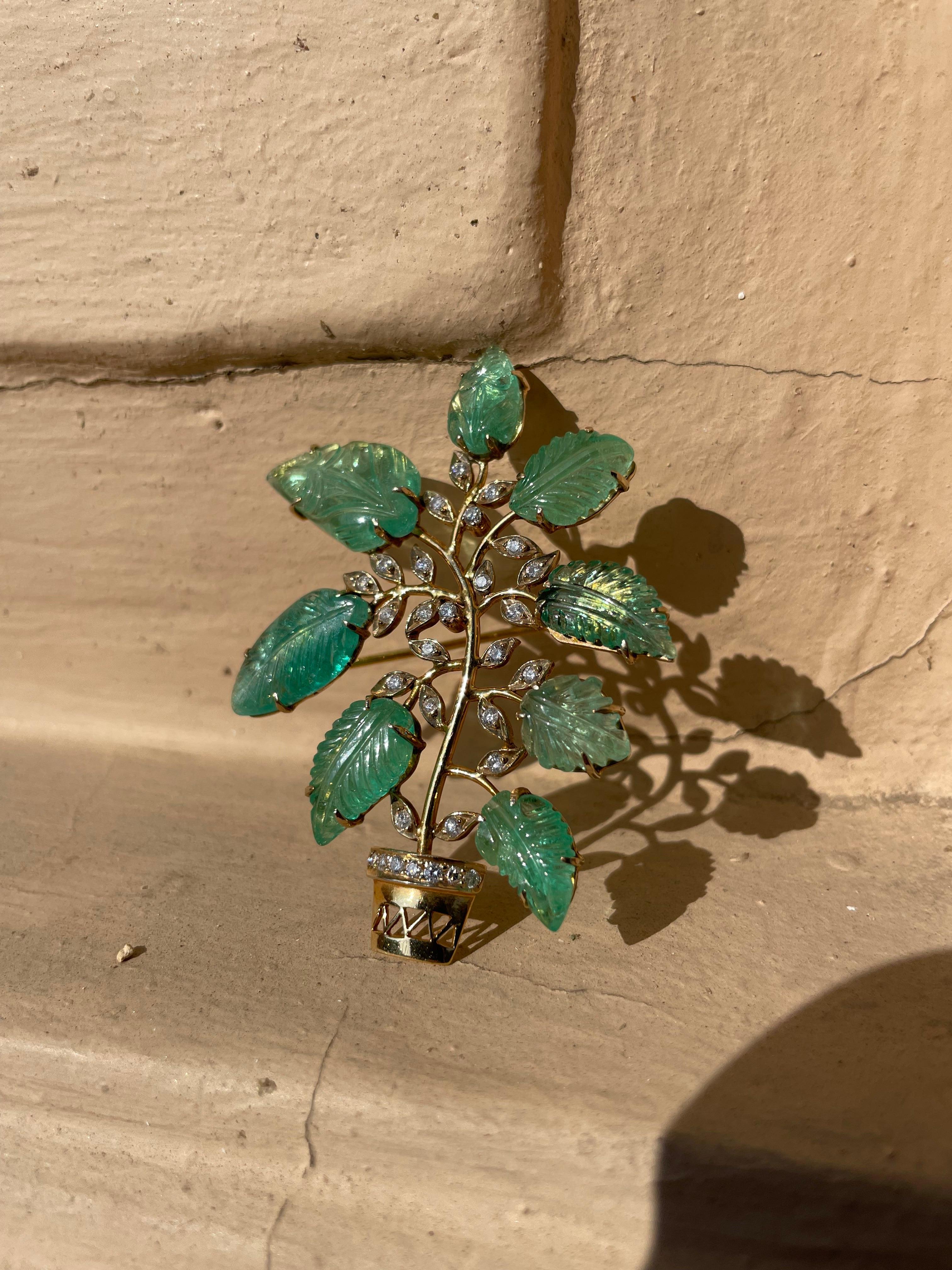 Mixed Cut Carved 30 Carat Emerald Flower Pot Brooch with Diamonds in 18k Solid Yellow Gold For Sale