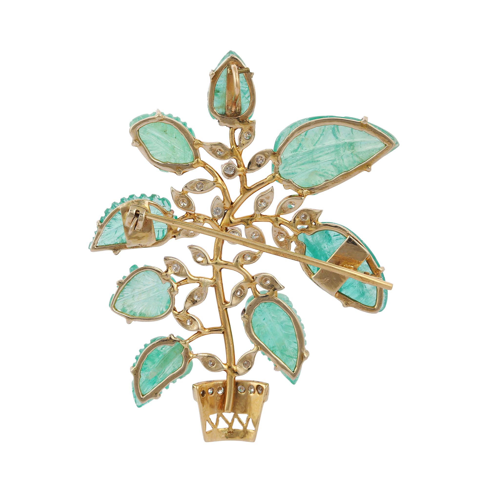 Carved 30 Carat Emerald Flower Pot Brooch with Diamonds in 18k Solid Yellow Gold For Sale 1