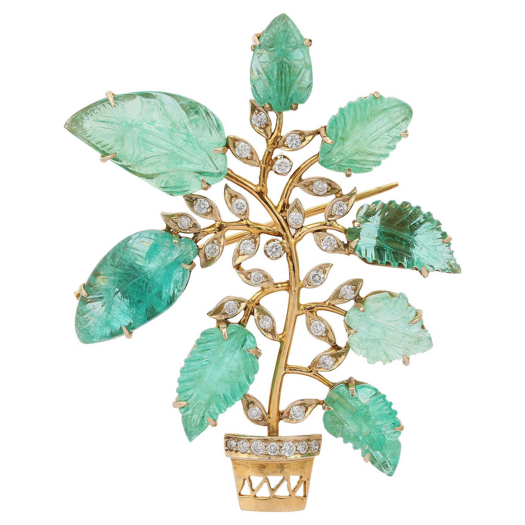 Carved 30 Carat Emerald Flower Pot Brooch with Diamonds in 18k Solid Yellow Gold For Sale