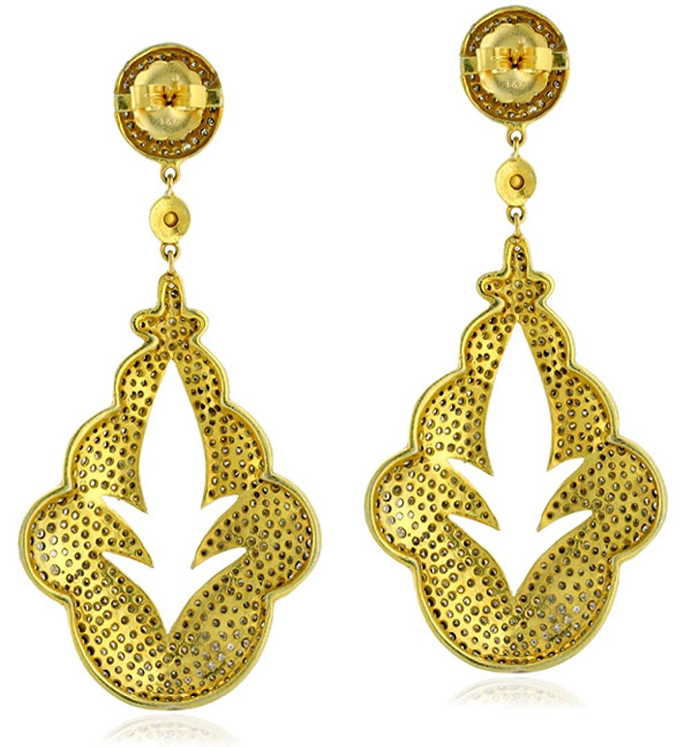 Artisan Leaf Cutout Shaped Pave Diamonds Dangle Earrings Made in 18k Gold & Silver For Sale
