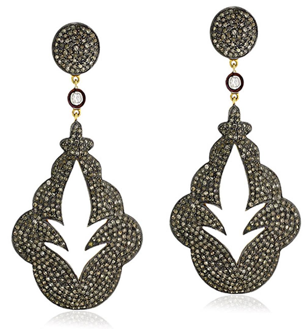 Mixed Cut Leaf Cutout Shaped Pave Diamonds Dangle Earrings Made in 18k Gold & Silver For Sale