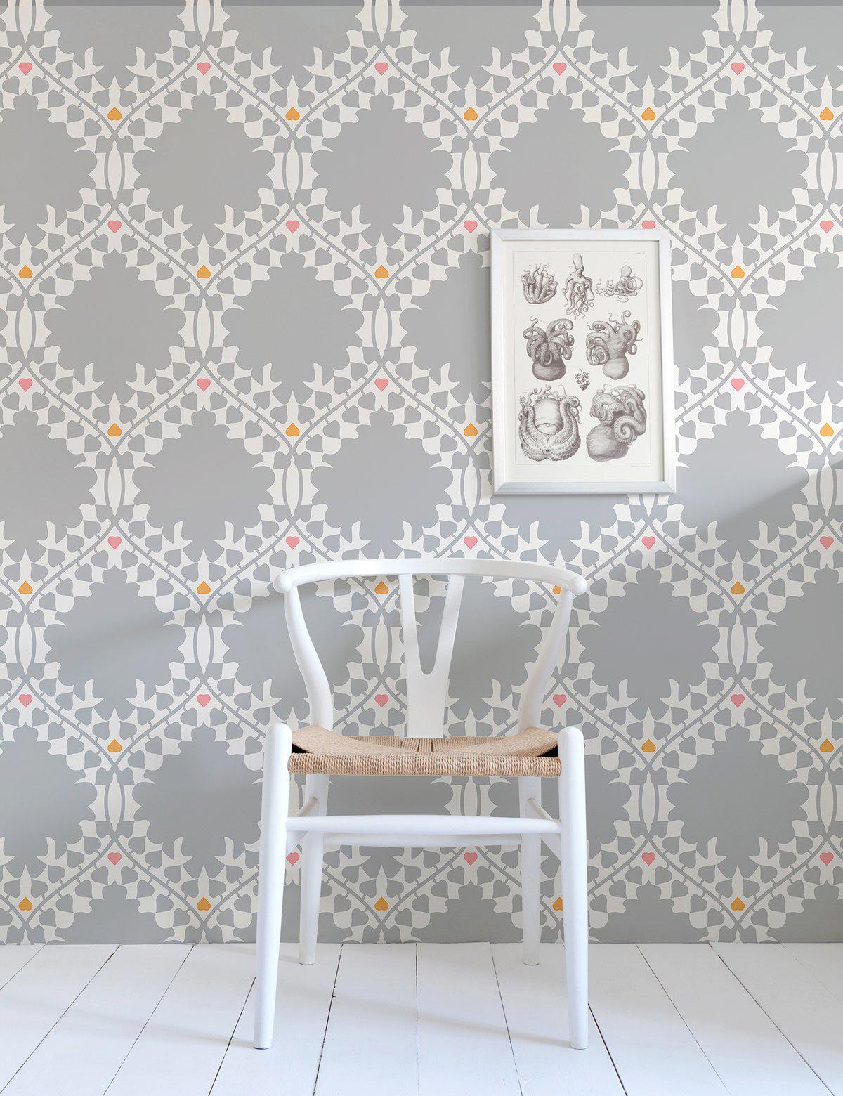 Modern Leaf Damask Designer Wallpaper in Classic 'Grey, Pink, Orange and Soft White' For Sale