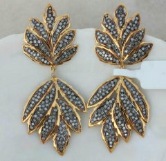 Leaf Dangle Earring Pave Diamond 14k Gold & 925 Silver