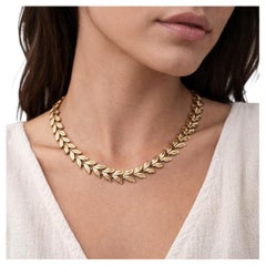 14K Yellow Gold Leaf Design Choker Necklace, 16 Inch, 29.2g, Modern