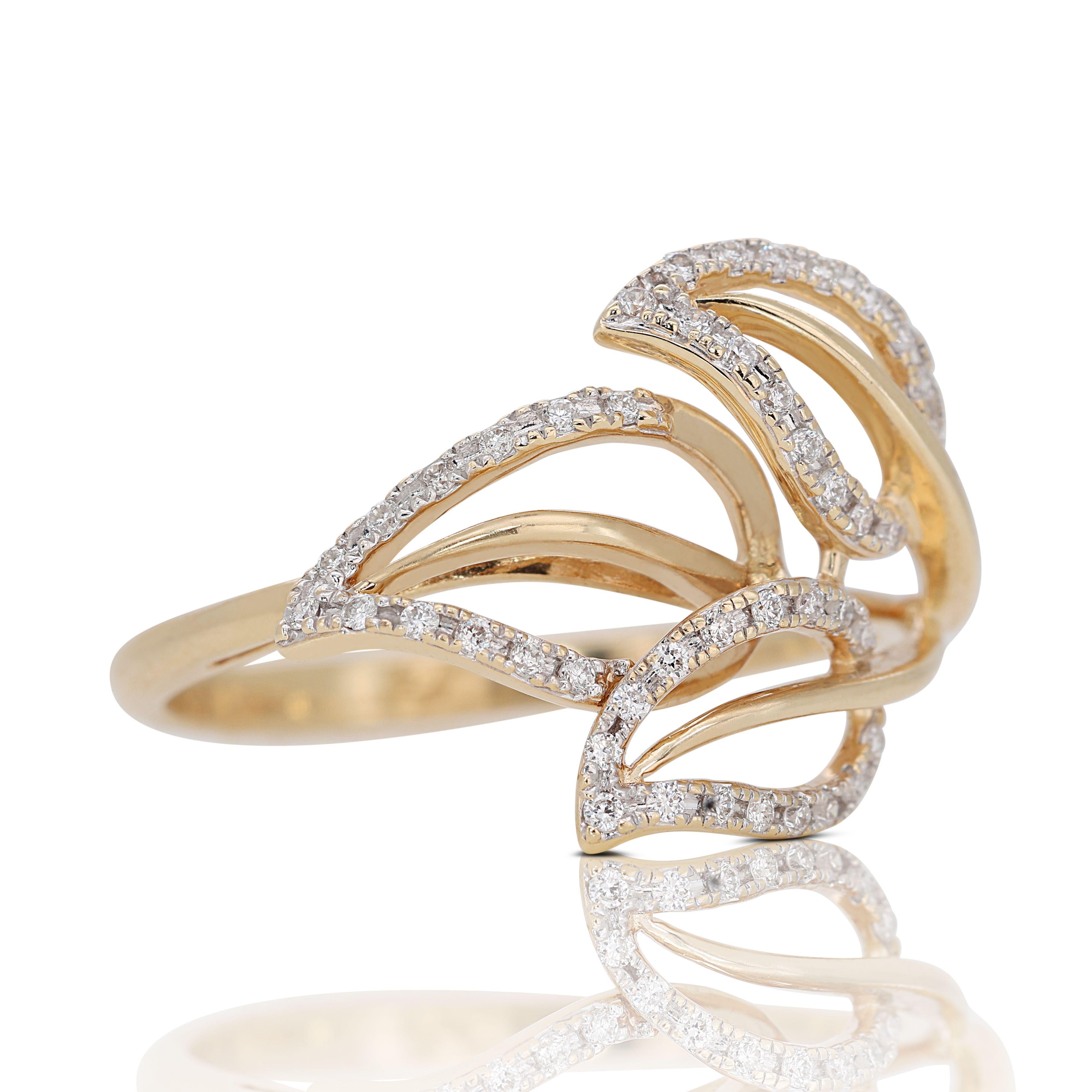 Brilliant Cut Leaf Design 14K Yellow Gold Ring with 0.240 Ct Natural Diamonds For Sale
