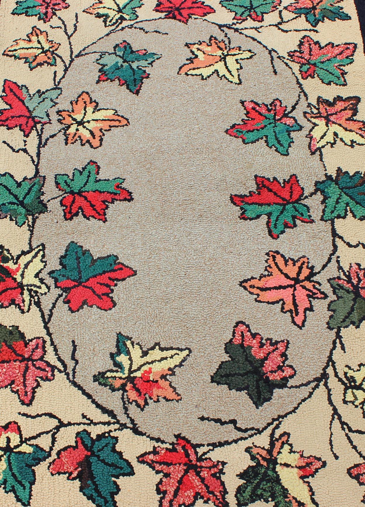 Leaf Design American Hooked Rug in Red, Green, and Charcoal Outlines In Good Condition For Sale In Atlanta, GA
