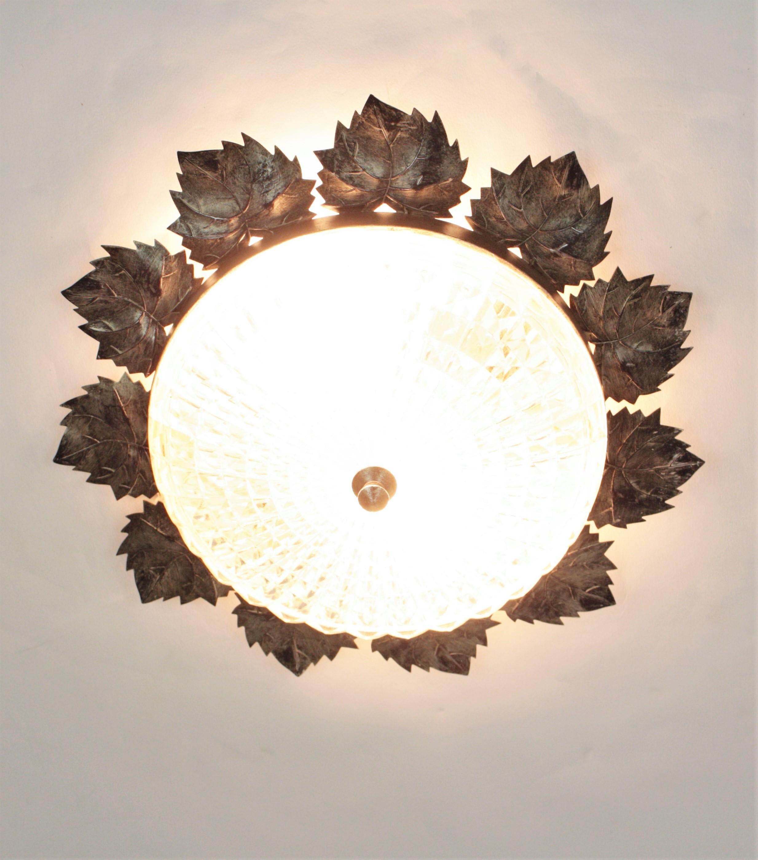 20th Century Sunburst Silver Patinated Iron and Glass Flush Mount Light, Leaves Design For Sale