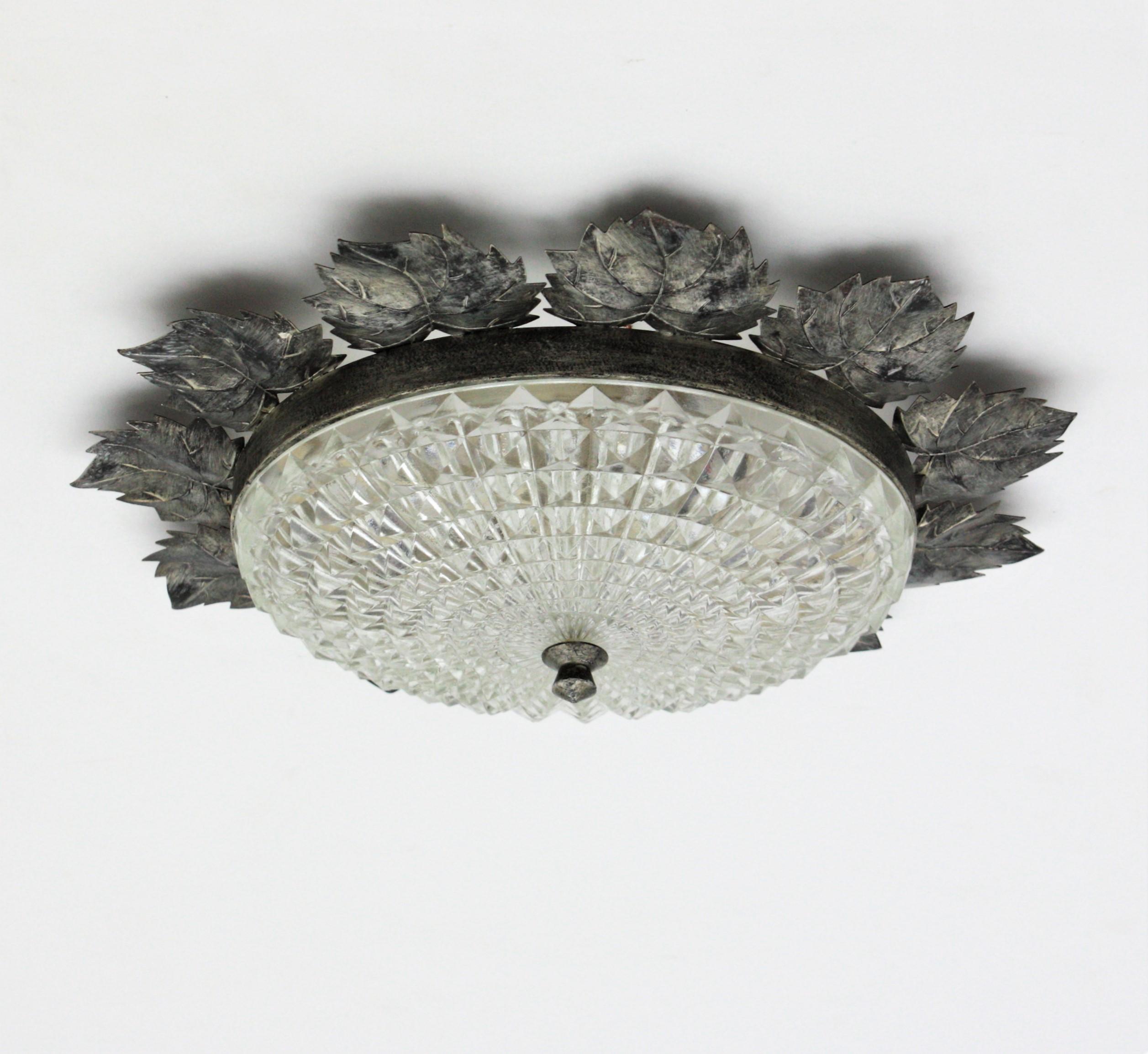 Sunburst Silver Patinated Iron and Glass Flush Mount Light, Leaves Design For Sale 1