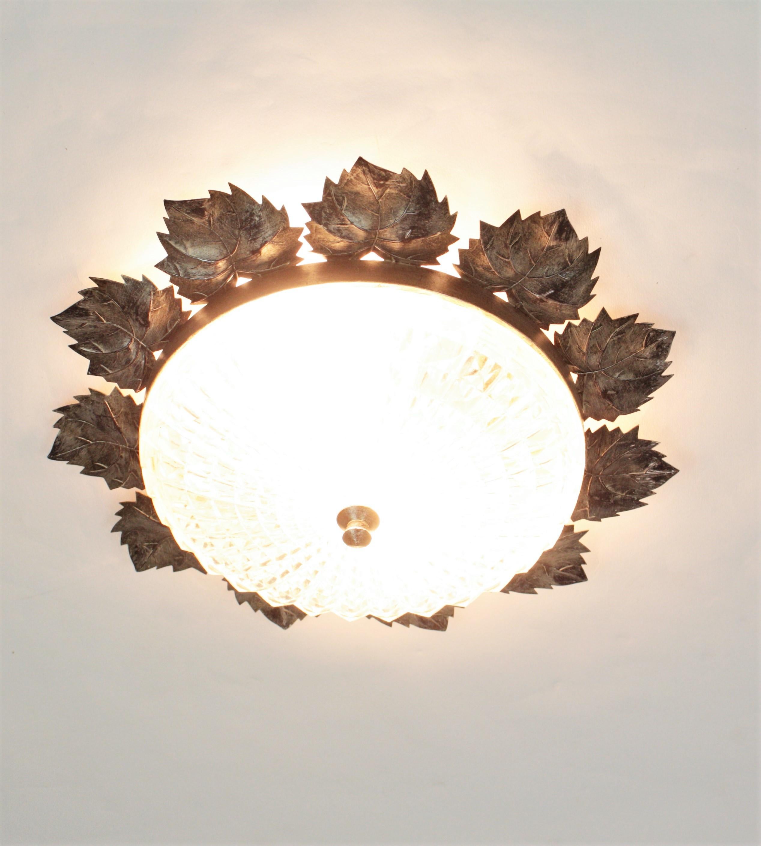 Sunburst Silver Patinated Iron and Glass Flush Mount Light, Leaves Design For Sale 3