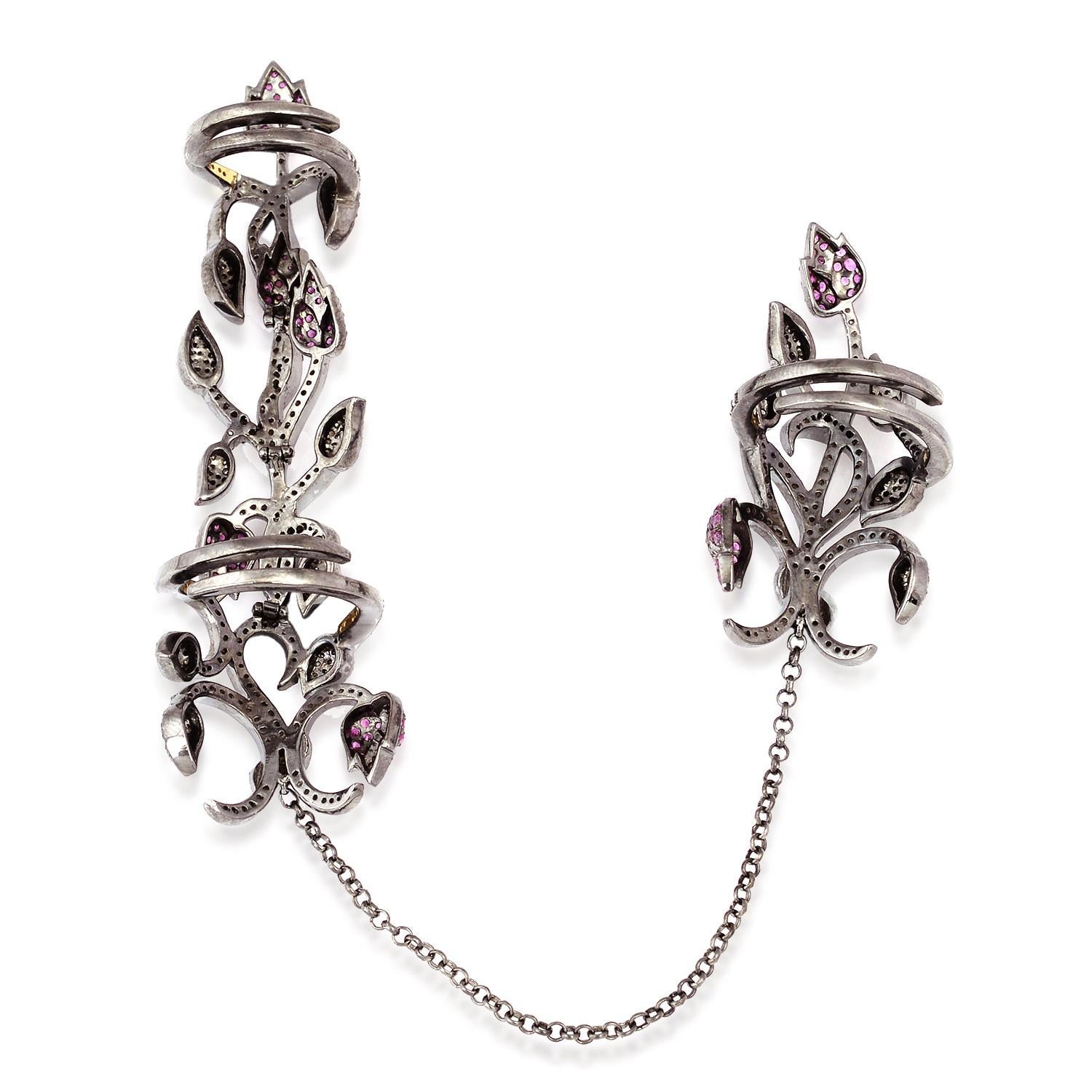 Art Deco Leaf Design Two Finger Long Ring with Ruby & Pave Diamonds Made in Gold & Silver For Sale