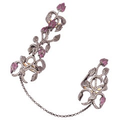 Leaf Design Two Finger Long Ring with Ruby & Pave Diamonds Made in Gold & Silver
