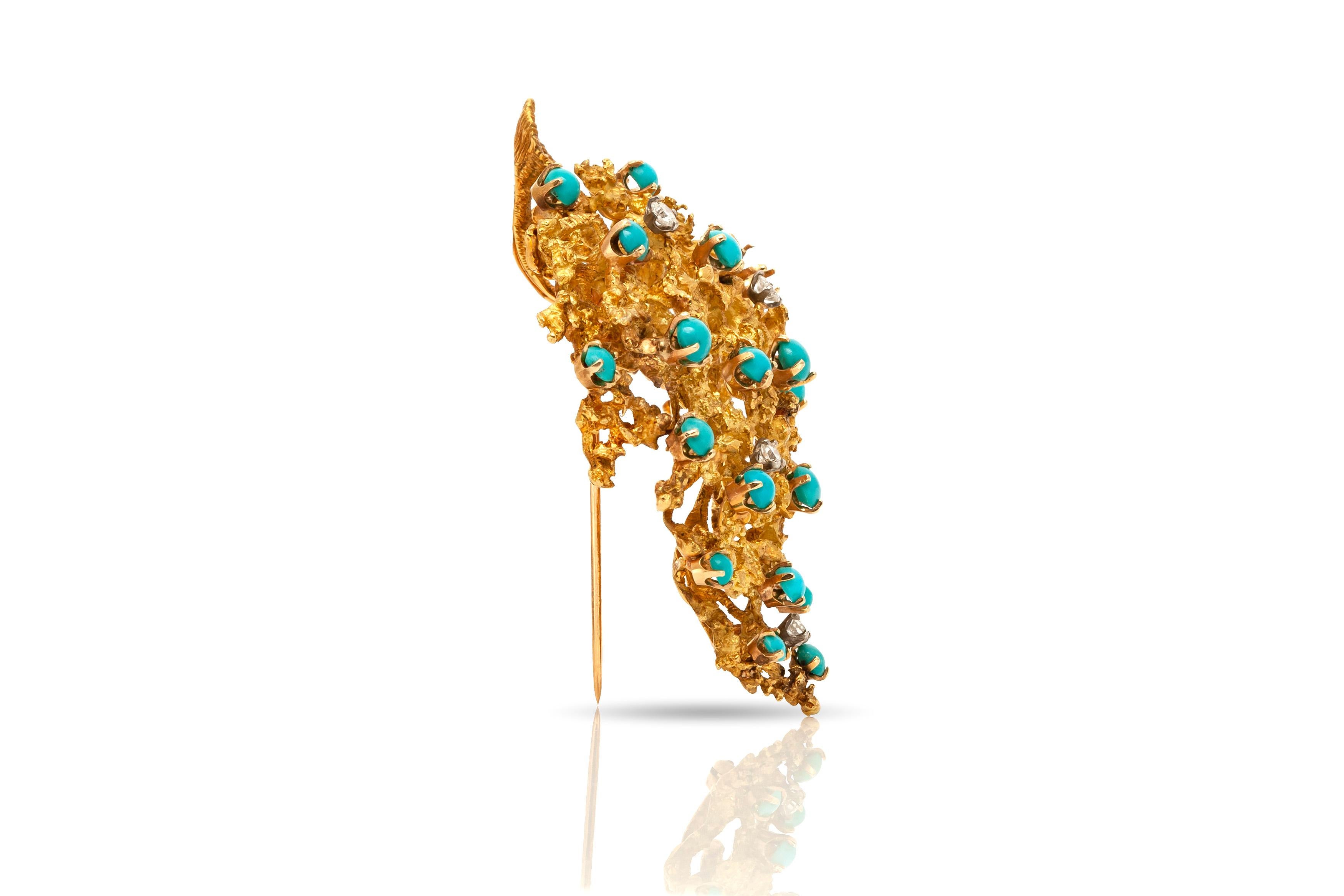 Round Cut Leaf Diamond Turquoise Brooch For Sale