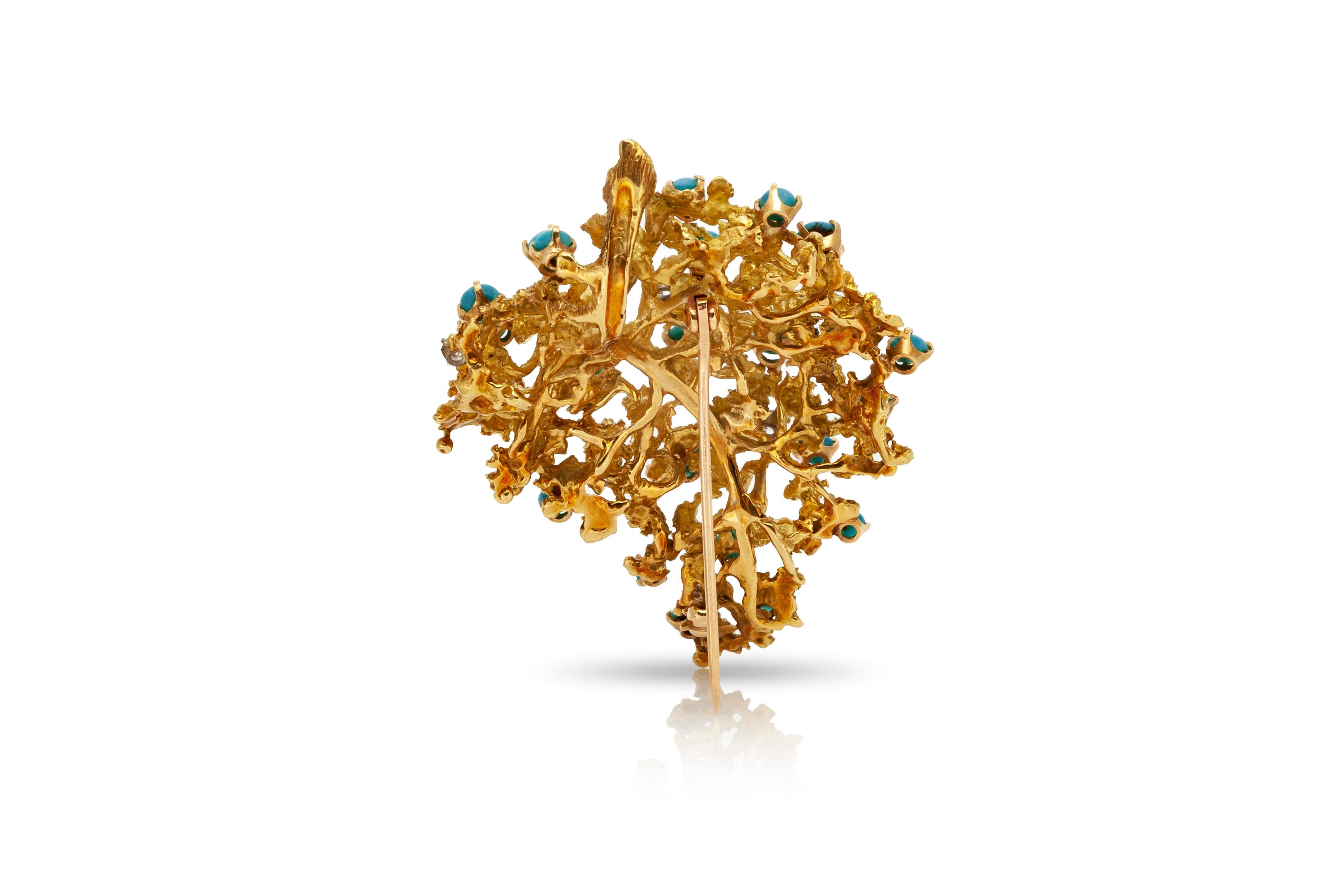 Leaf Diamond Turquoise Brooch In Good Condition For Sale In New York, NY