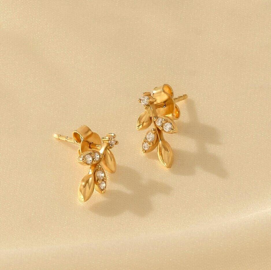 Art Deco Leaf Earrings 14K Solid Gold Minimalist Stud Earrings pair For Sale