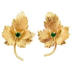 Leaf Earrings Emerald Center 14k Yellow Gold