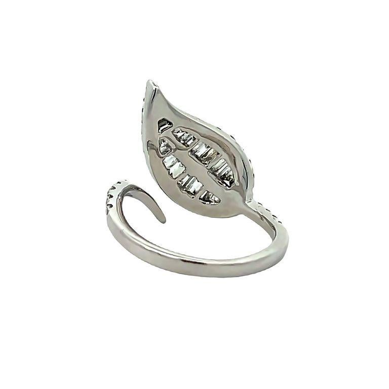Modern Leaf Fashion Baguette & Round Diamond Ring 1.08 Carat in 18k White For Sale