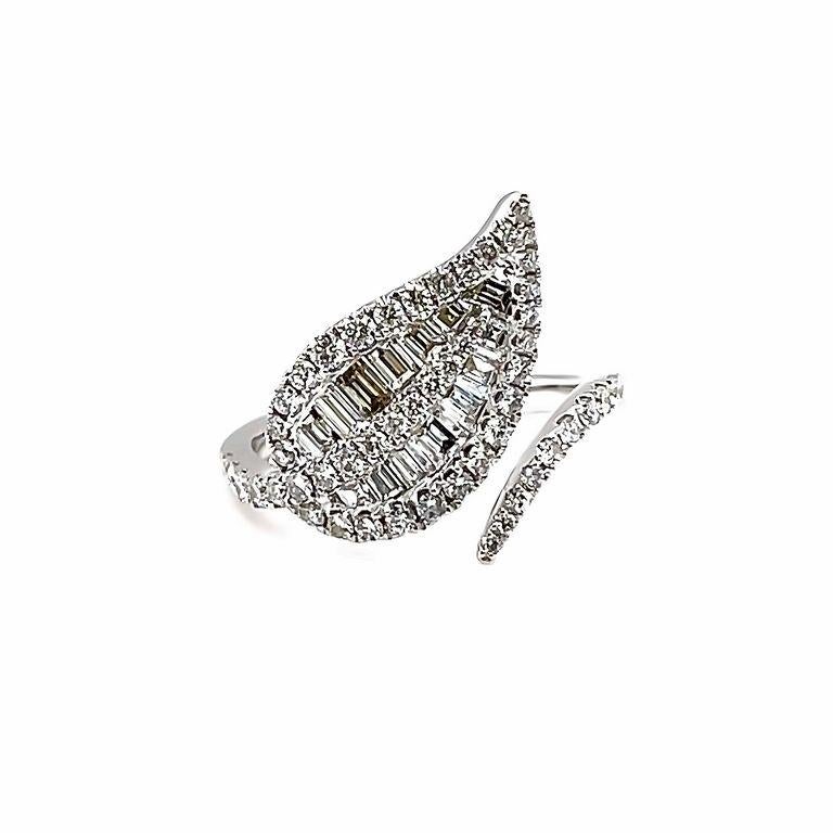 Baguette Cut Leaf Fashion Baguette & Round Diamond Ring 1.08 Carat in 18k White For Sale