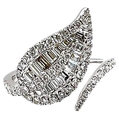 Leaf Fashion Baguette & Round Diamond Ring 1.08 Carat in 18k White For Sale