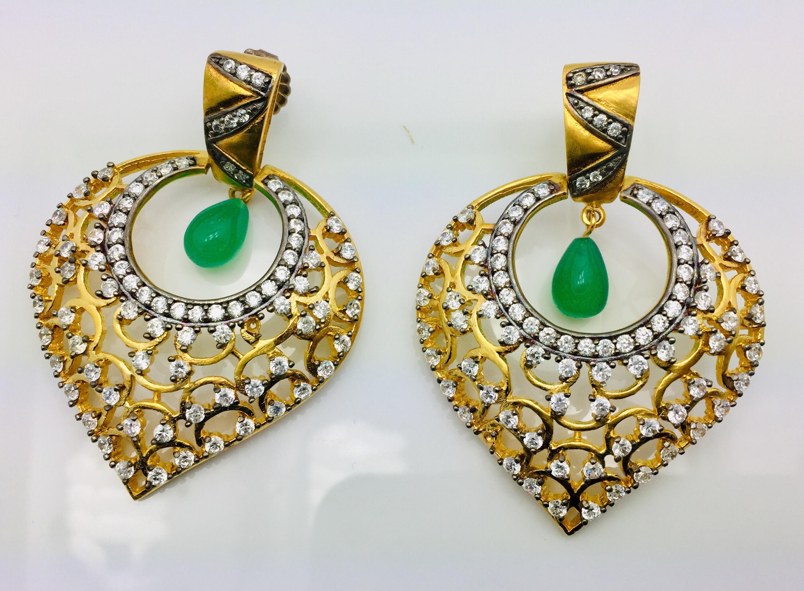 Artisan Leaf Filigree Cubic Zircon Faux Emerald Earrings  For Sale