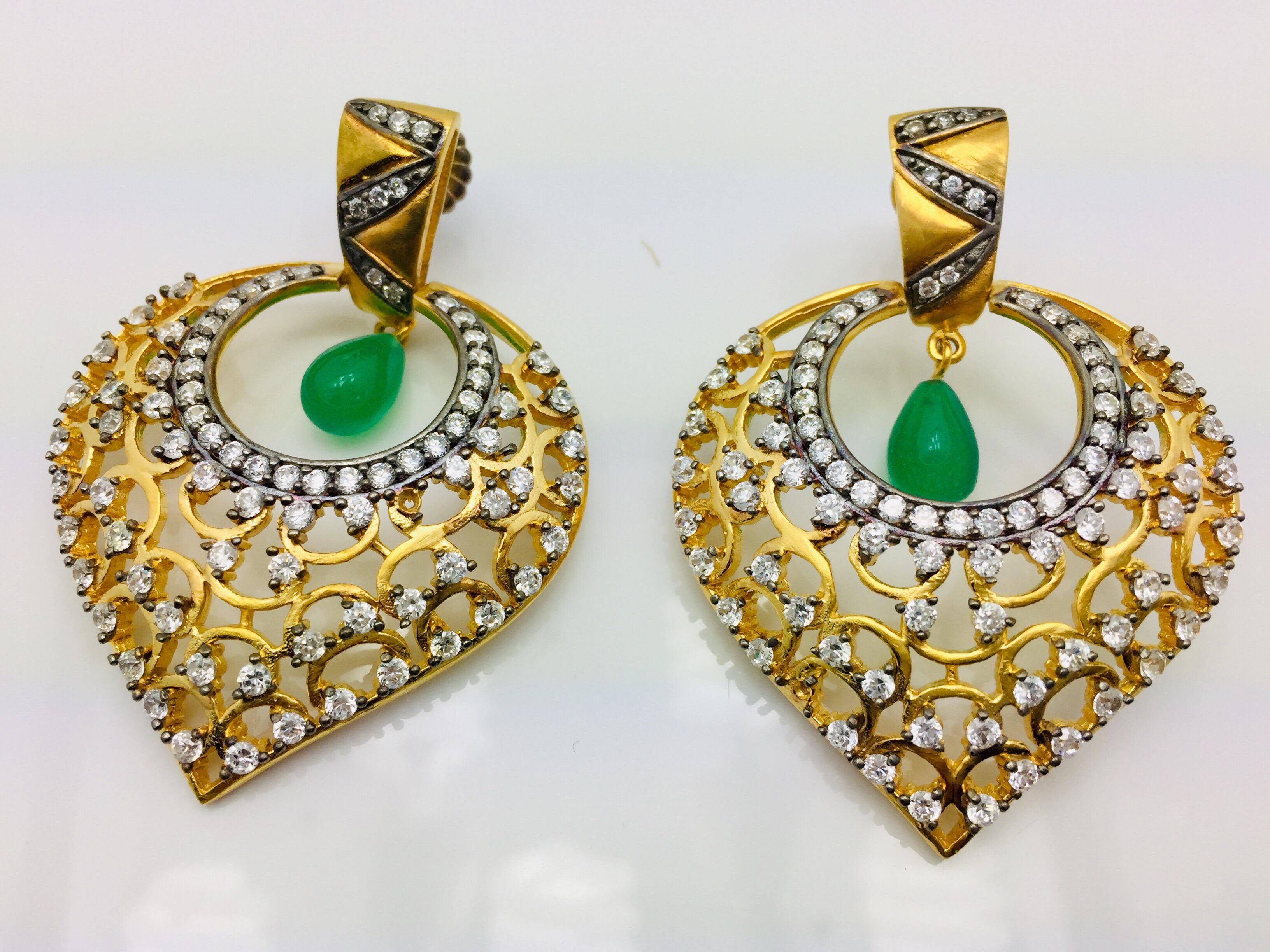 Mixed Cut Leaf Filigree Cubic Zircon Faux Emerald Earrings  For Sale