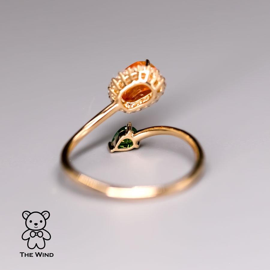 Artist Leaf & Flower Fire Opal Halo Diamond Tsavorite Engagement Ring 18K Yellow Gold For Sale