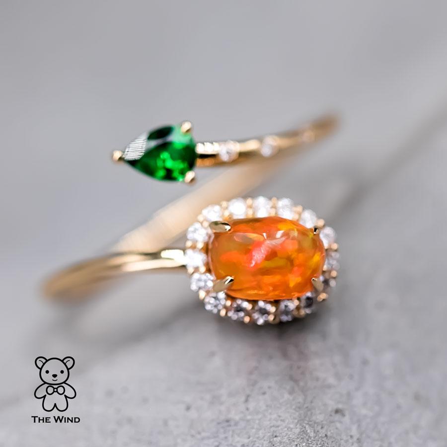 Brilliant Cut Leaf & Flower Fire Opal Halo Diamond Tsavorite Engagement Ring 18K Yellow Gold For Sale