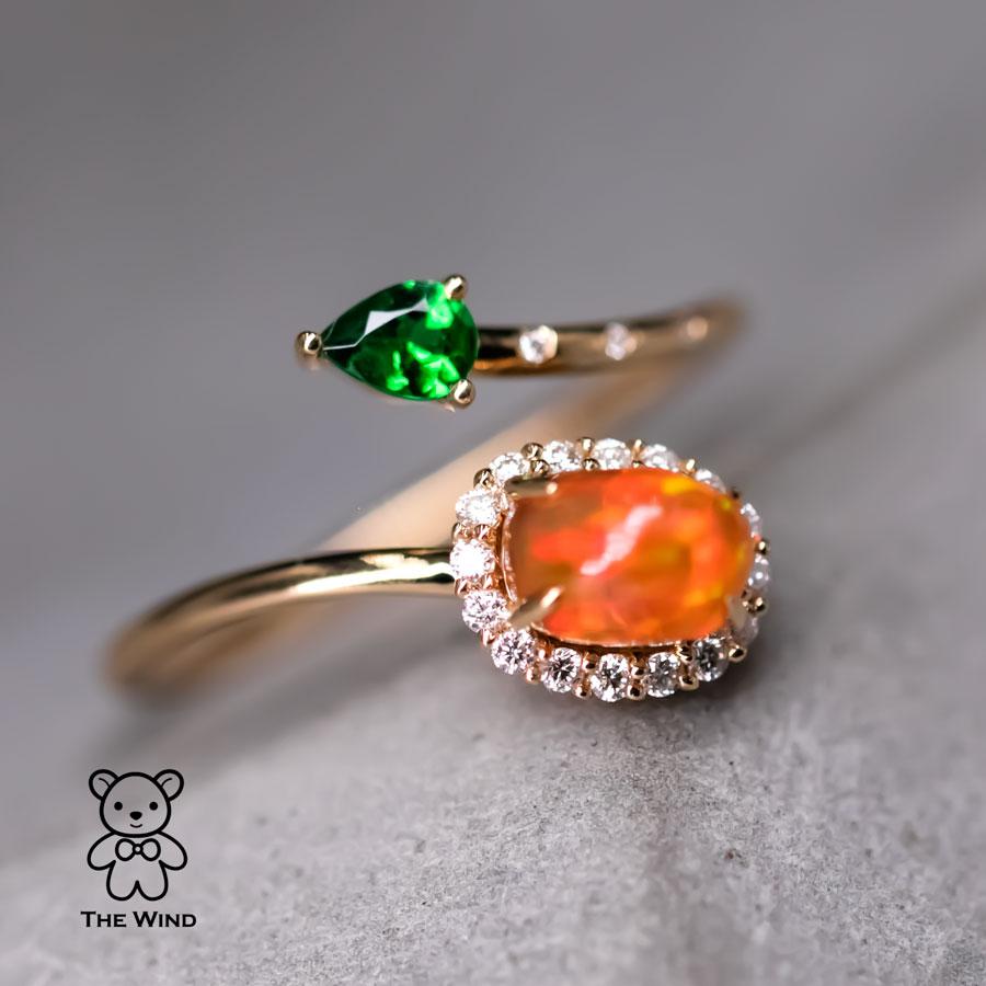 Leaf & Flower Fire Opal Halo Diamond Tsavorite Engagement Ring 18K Yellow Gold In New Condition For Sale In Suwanee, GA