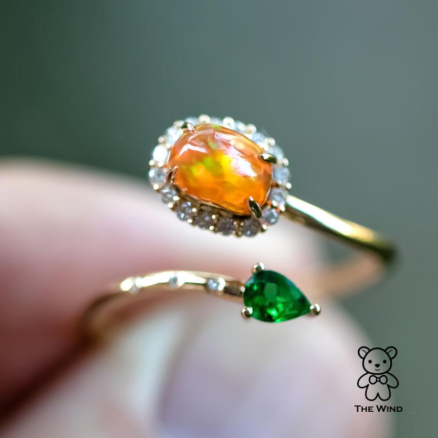 Women's Leaf & Flower Fire Opal Halo Diamond Tsavorite Engagement Ring 18K Yellow Gold For Sale