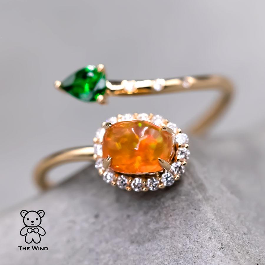 Leaf & Flower Fire Opal Halo Diamond Tsavorite Engagement Ring 18K Yellow Gold For Sale 1