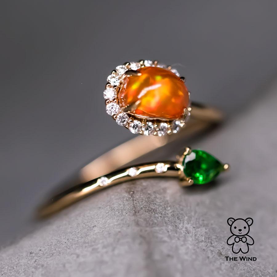 Leaf & Flower Fire Opal Halo Diamond Tsavorite Engagement Ring 18K Yellow Gold For Sale 2