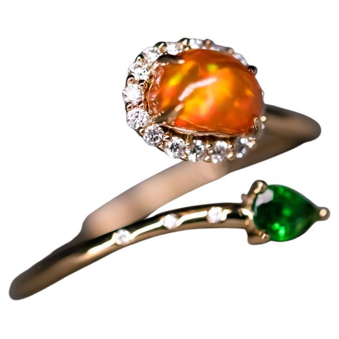 Leaf & Flower Fire Opal Halo Diamond Tsavorite Engagement Ring 18K Yellow Gold For Sale