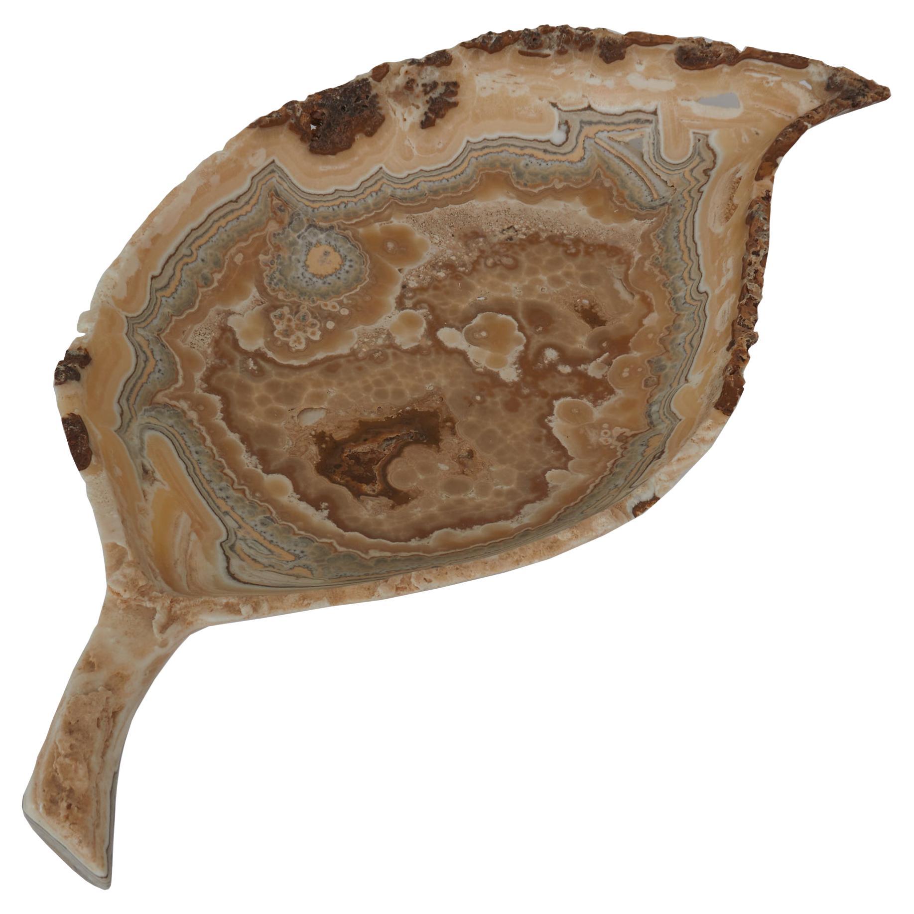 Swirling bands of caramel, gray and tobacco mineralization deposits wrap around the sides of this translucent, undulating aragonite vessel in a leaf form. 
      