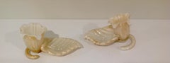 Leaf Form Murano Glass Candleholders in White with Gold Art Glass