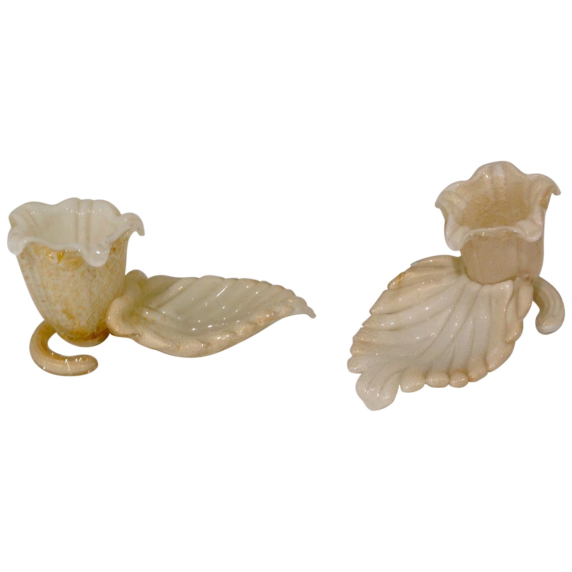 Leaf Form Murano Glass Candleholders in White with Gold Art Glass For Sale