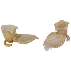 Leaf Form Murano Glass Candleholders in White with Gold Art Glass